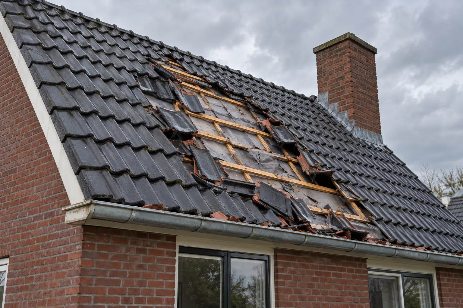 Stormschade op een dak in Noord-Nederland wordt hersteld